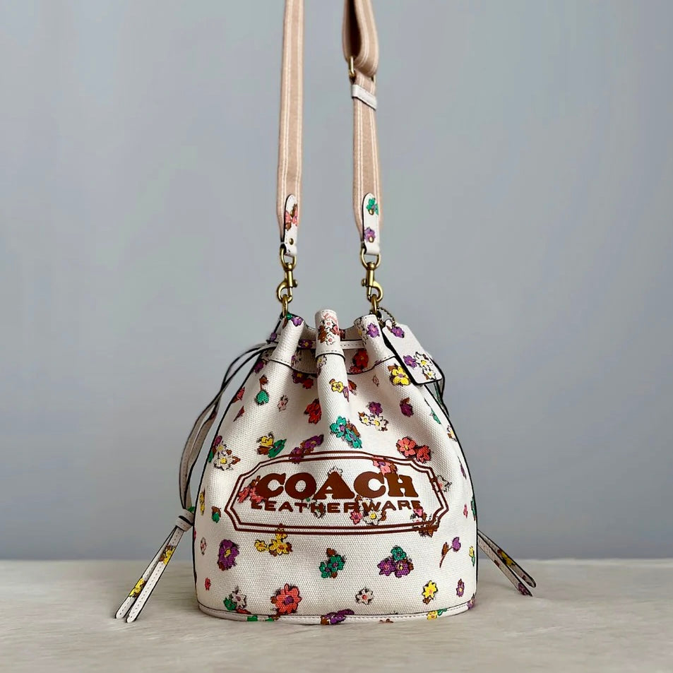 Coach Creamy Leather Floral Holiday Bucket Crossbody Shoulder Bag Like New