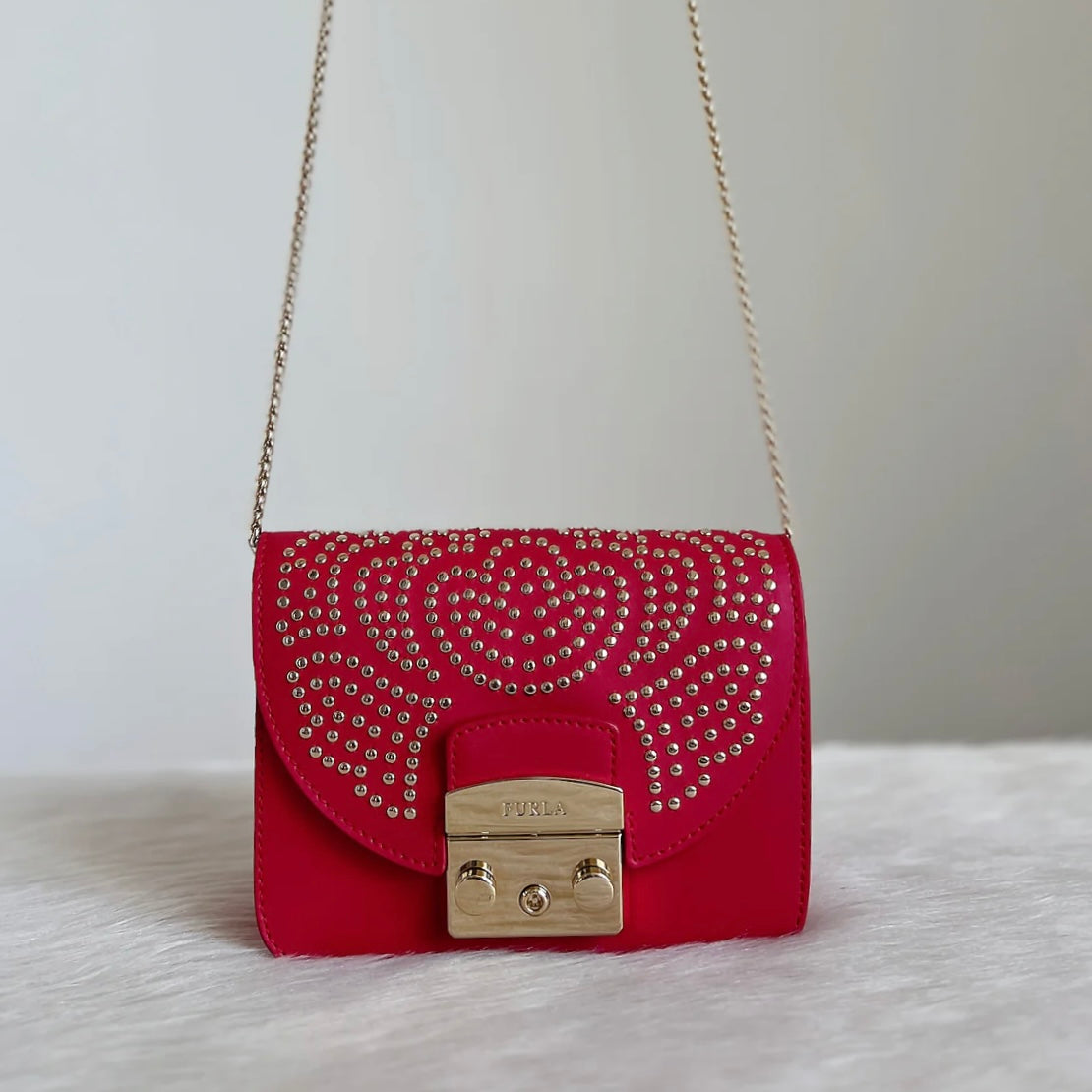 Furla Fuchsia Leather Studded Metropolis Small Shoulder Bag Excellent