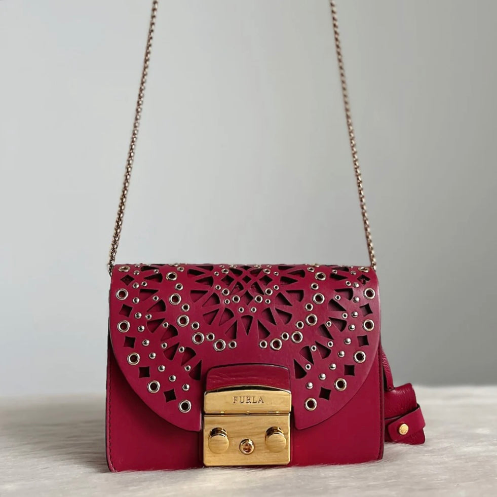 Furla Maroon Leather Studded Metropolis Small Shoulder Bag