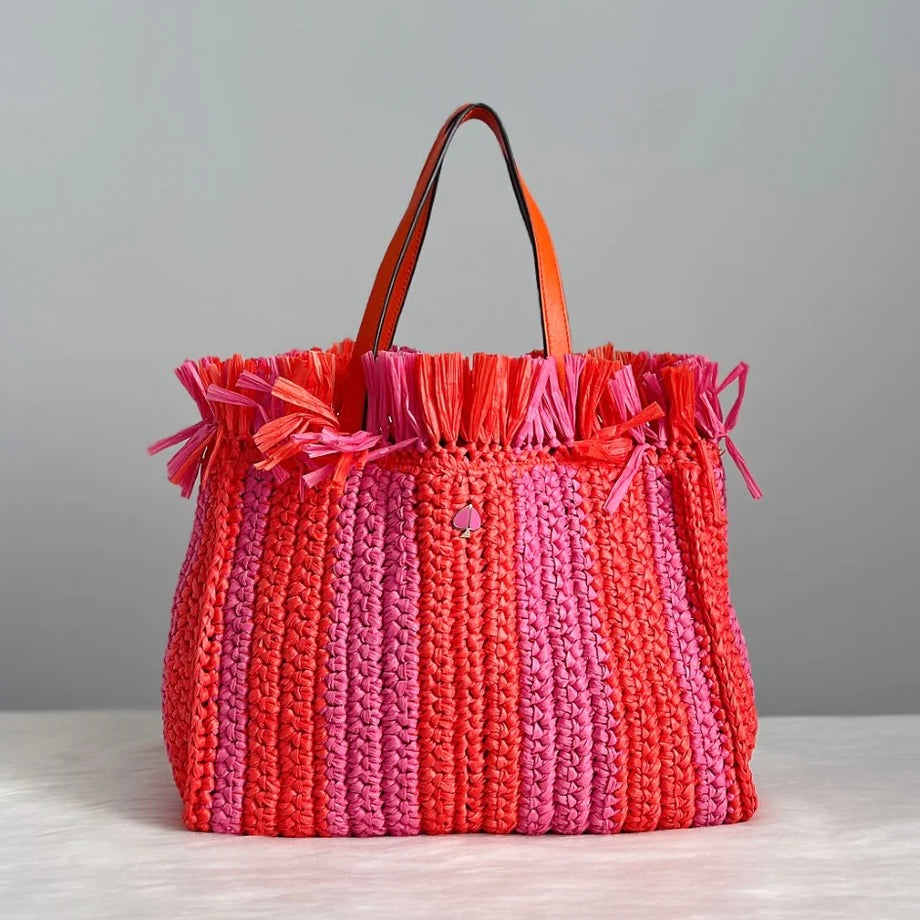 Kate Spade Striped Straw Fringe Detail Holiday Tote Bag Like New