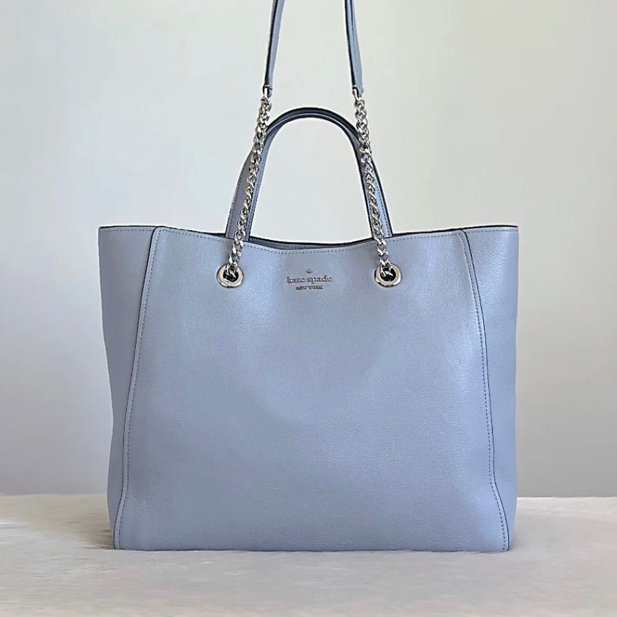 Kate Spade Grey Blue Leather Front Logo Carryall Shoulder Bag Excellent