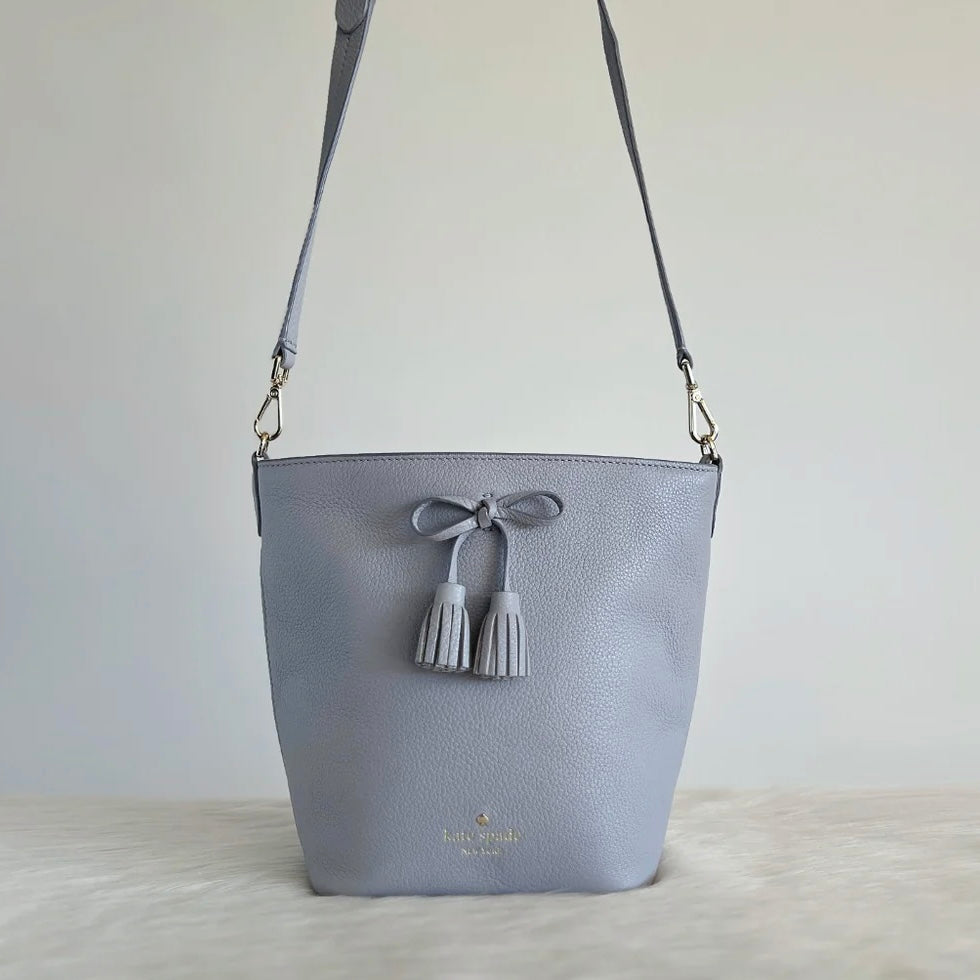 Kate Spade Grey Leather Front Bow Bucket Crossbody Shoulder Bag Like New