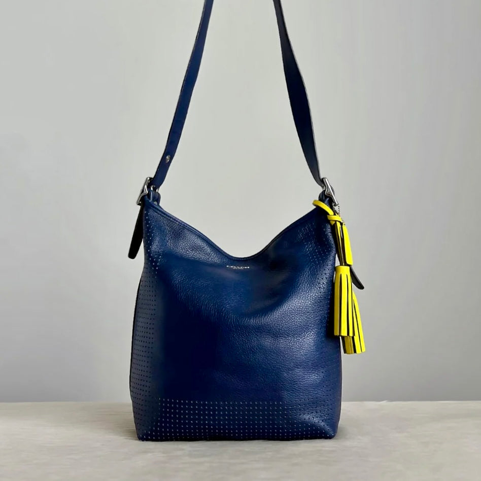 Coach Navy Leather Tassel Charm Slouchy Crossbody Shoulder Bag