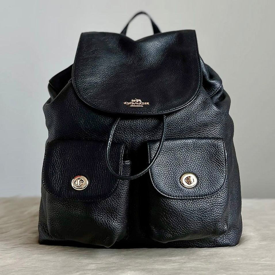 Coach Black Pebbled Leather Turn Lock Pocket Drawstring Backpack Excellent