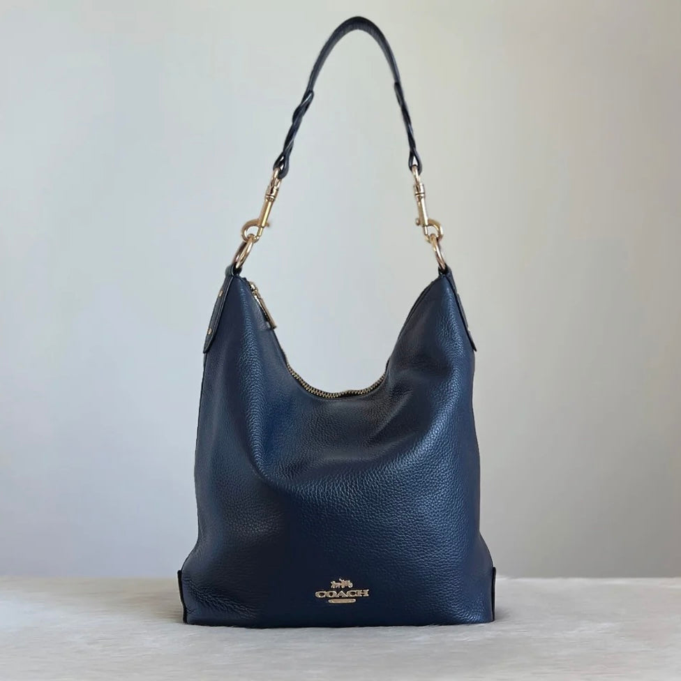 Coach Navy Leather Front Logo Slouchy Pleated Strap Detail Shoulder Bag Excellent