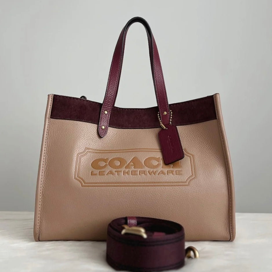 Coach Tri-Tone Leather Suede Patchwork Book Tote 2 Way Shoulder Bag Excellent