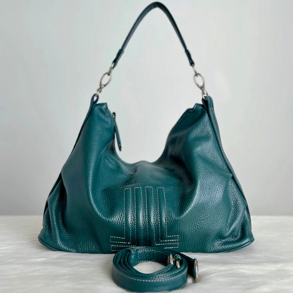 Lanvin Green Leather Embossed Front Detail Slouchy 2 Way Shoulder Bag Excellent