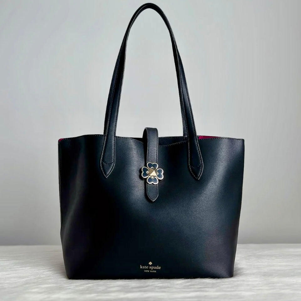Kate Spade Black Leather Front Flower Turn Lock Shopper Shoulder Bag Like New