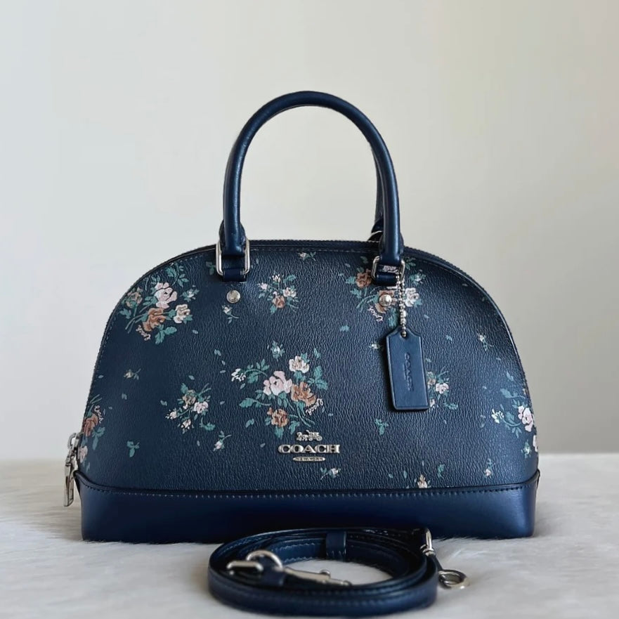 Coach Navy Leather Front Logo Floral Pattern Small 2 Way Shoulder Bag Excellent