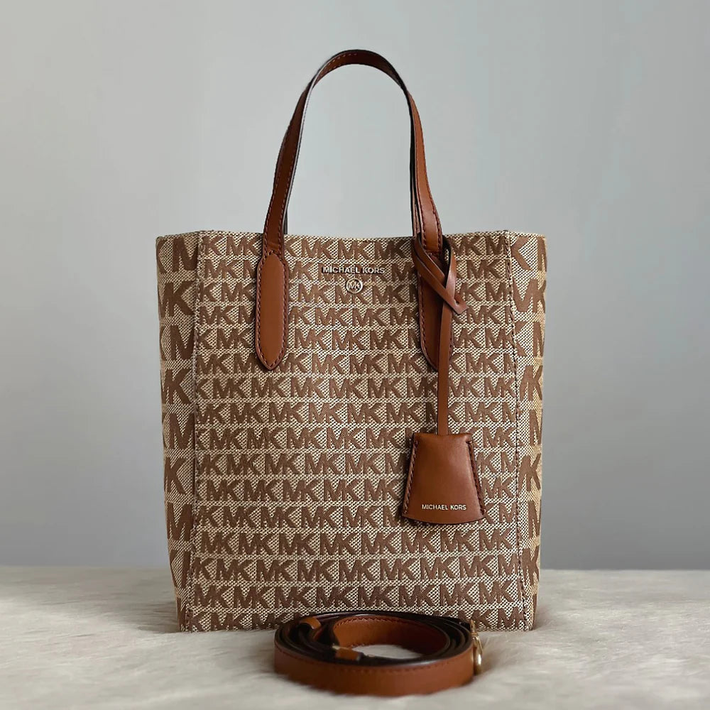 Michael Kors Caramel Leather Monogram Book Tote 2 Way Shoulder Bag Excellent