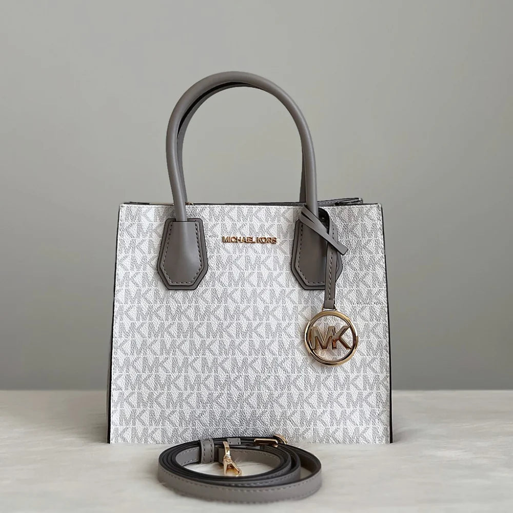 Michael Kors Grey Leather Monogram Triple Compartment 2 Way Shoulder Bag Like New