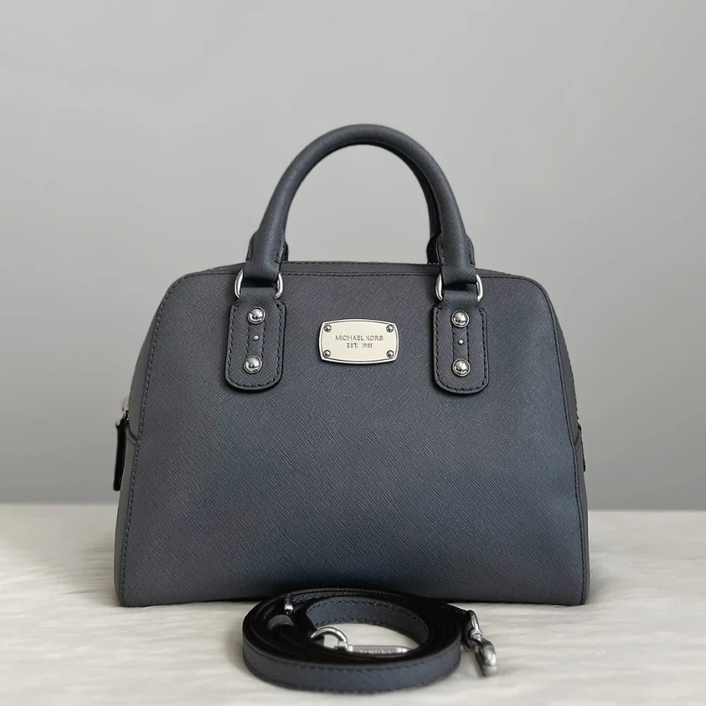 Michael Kors Grey Leather MK Charm Boston Shoulder Bag Excellent