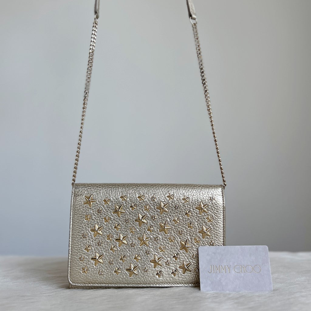 Jimmy Choo Light Gold Leather Star Detail Crossbody Shoulder Bag