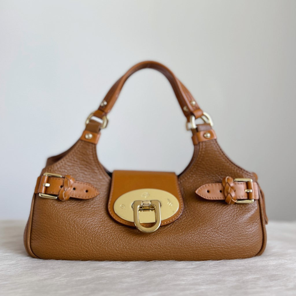 Mulberry Caramel Leather Front Buckle Triple Compartment Small Tote Bag