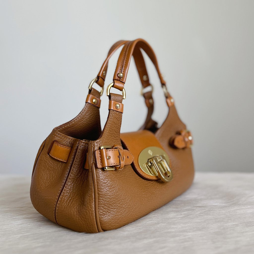 Mulberry Caramel Leather Front Buckle Triple Compartment Small Tote Bag