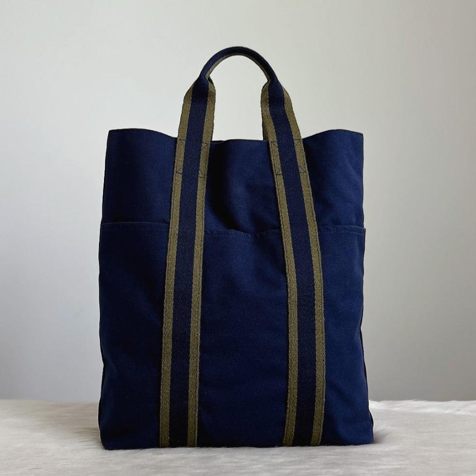 Hermes Navy Signature Stripe Detail Canvas Tote Bag Excellent