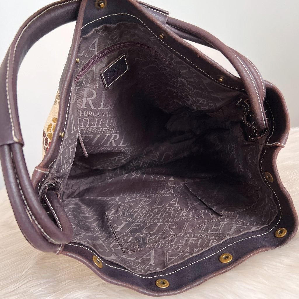 Furla Chocolate Leather Pattern Canvas Patchwork Slouchy Shoulder Bag