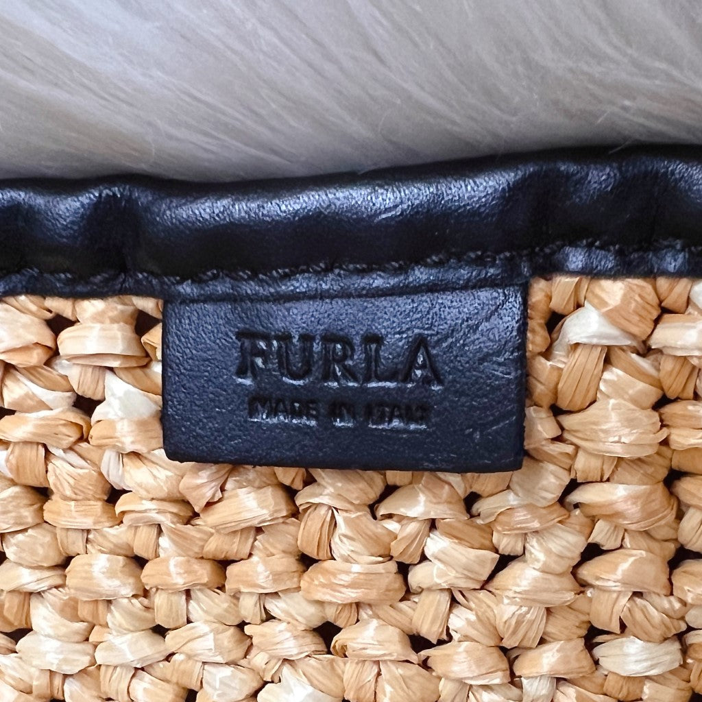 Furla Black Leather Trim Straw Small Shoulder Bag