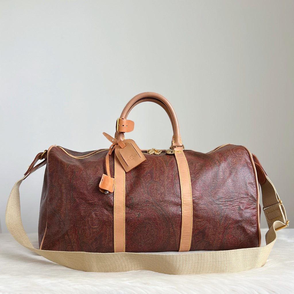 Etro Beige Leather Signature Pattern Keepall Travel Bag