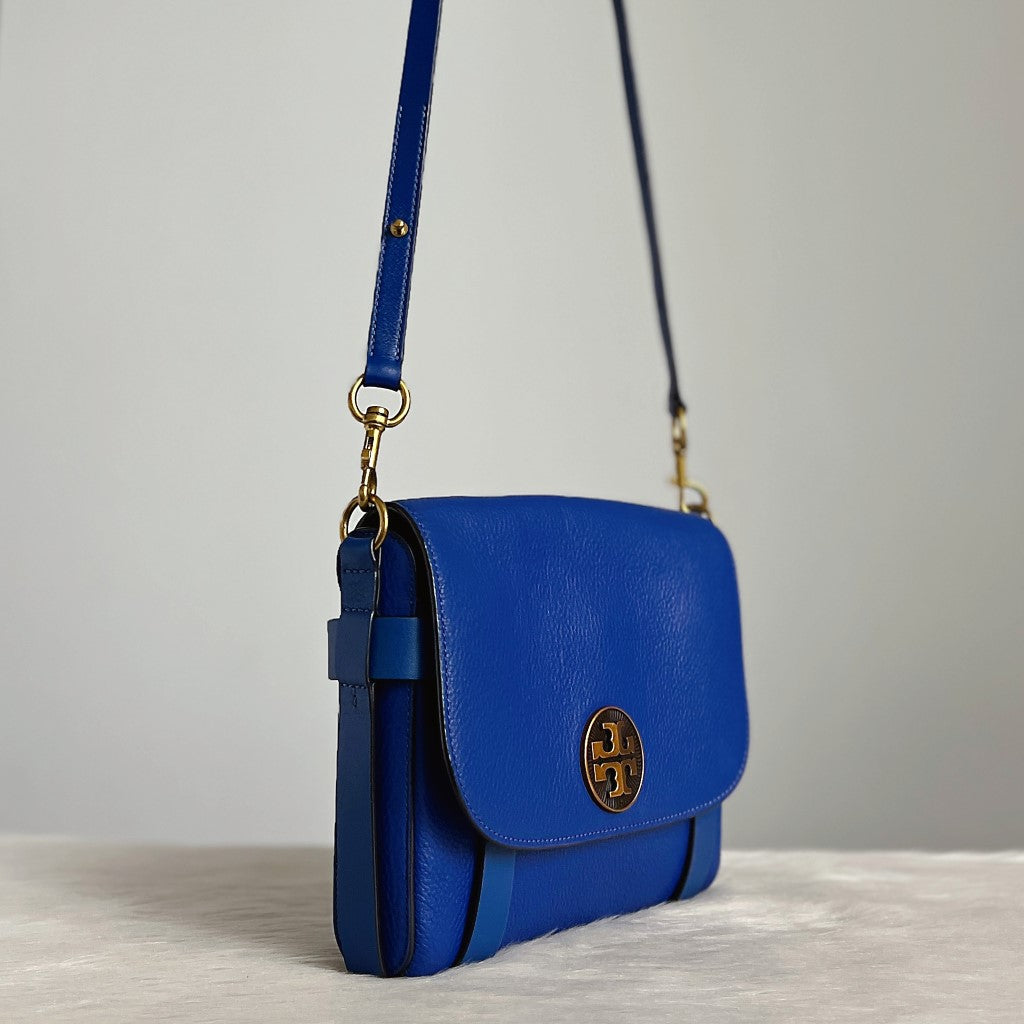 Tory Burch Blue Leather Flap Front Logo Crossbody Shoulder Bag Excellent