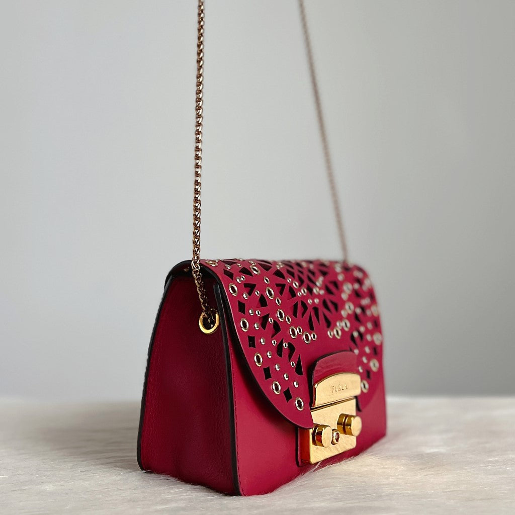 Furla Maroon Leather Studded Metropolis Small Shoulder Bag