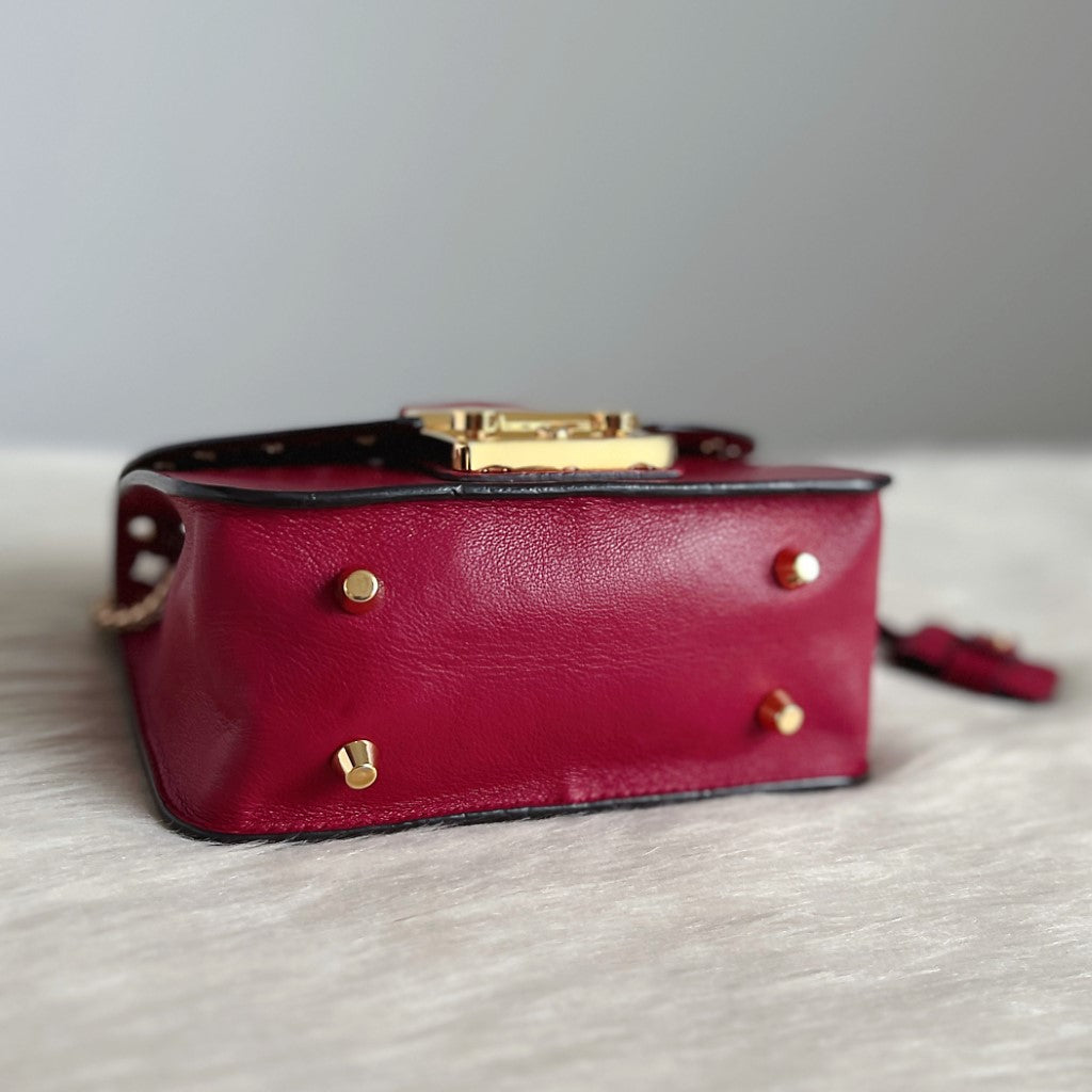 Furla Maroon Leather Studded Metropolis Small Shoulder Bag