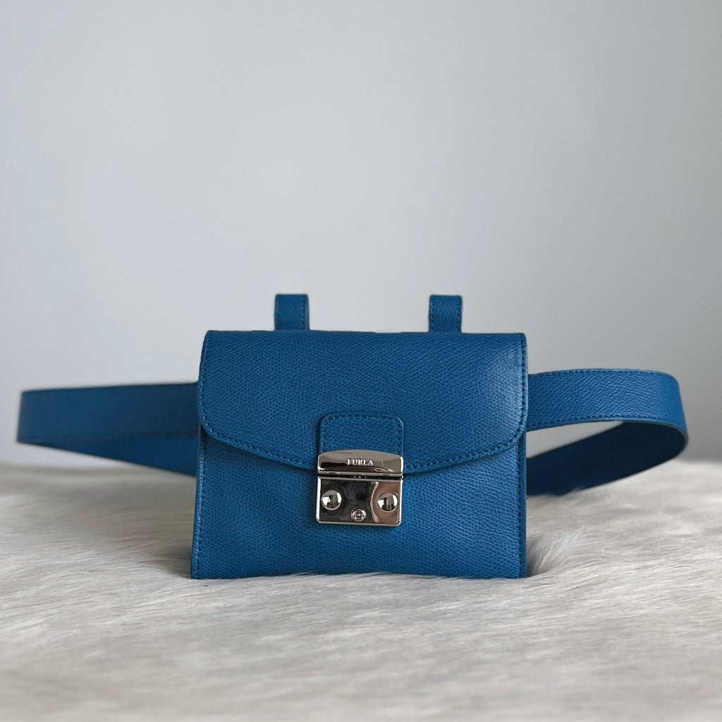 Furla Blue Leather Signature Metropolis Wait Pouch Bag