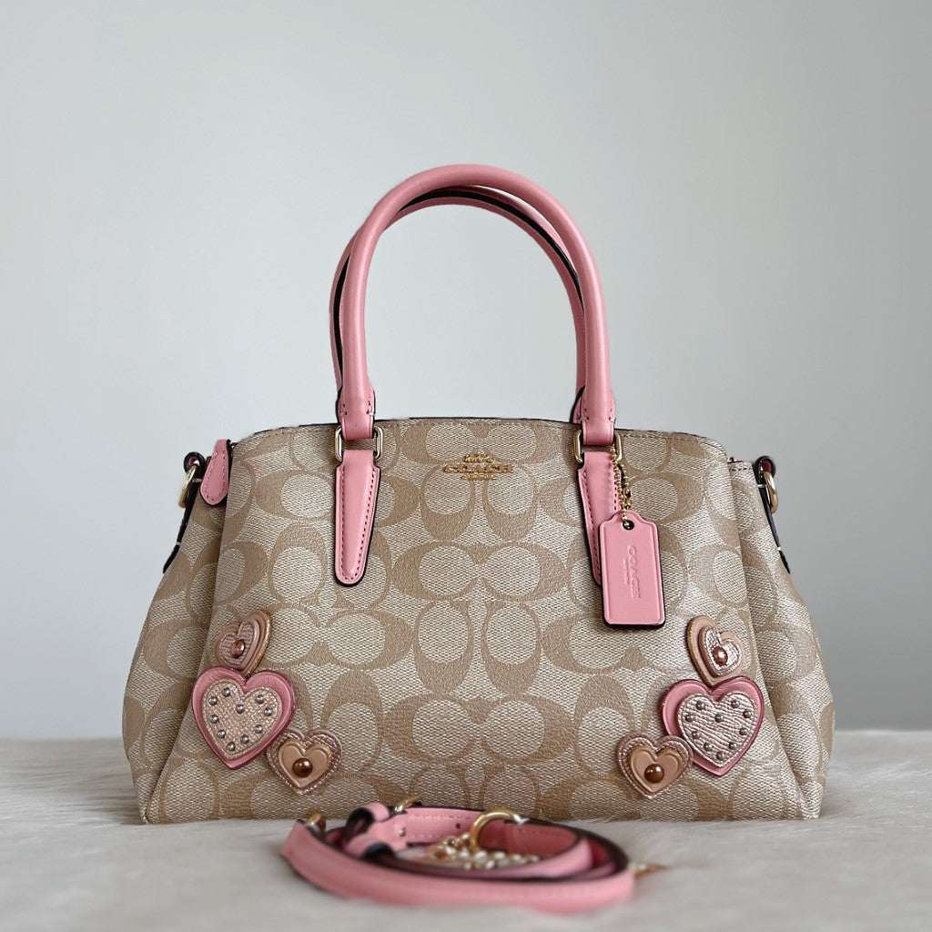 Coach Pink Leather Monogram Heart Detail 2 Way Shoulder Bag