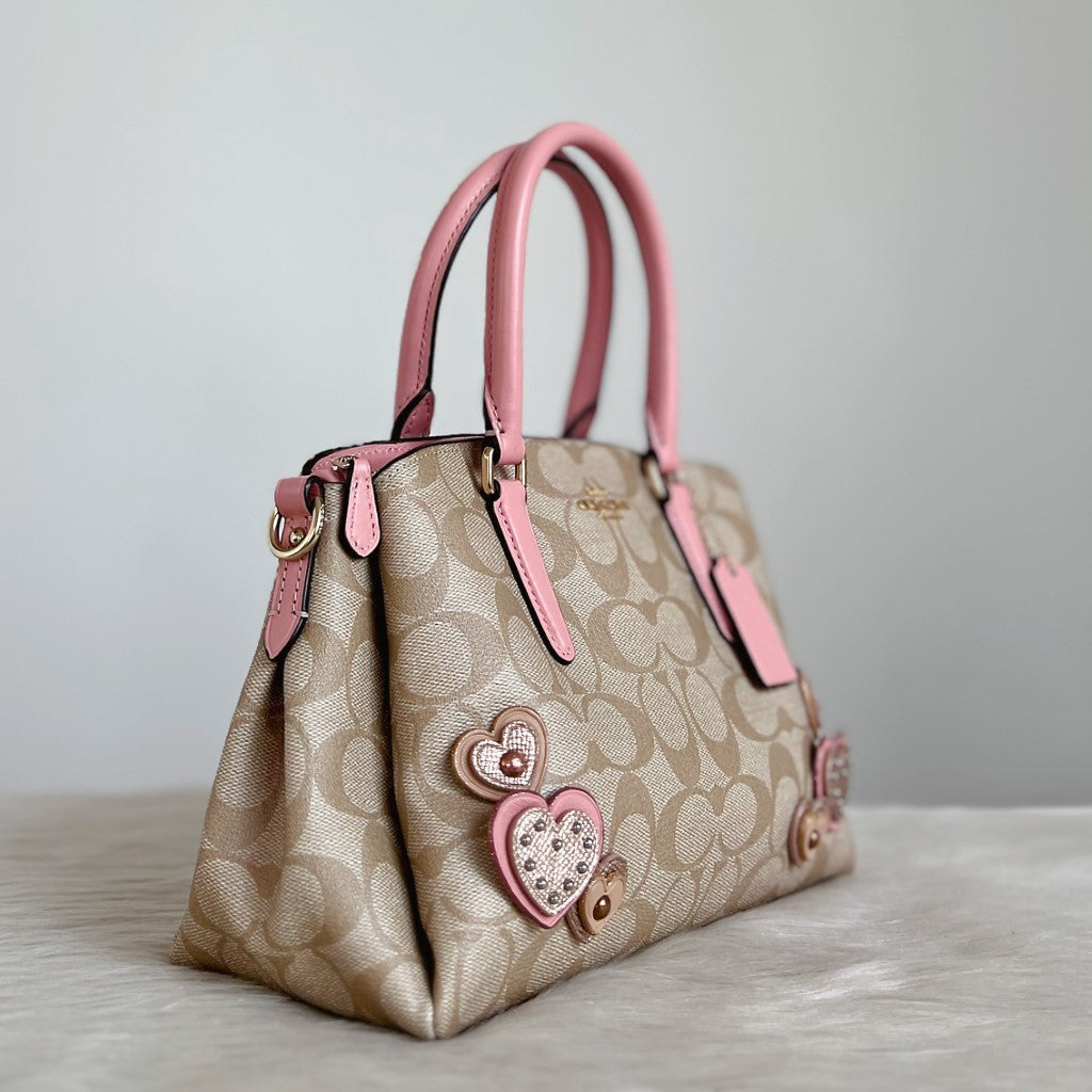 Coach Pink Leather Monogram Heart Detail 2 Way Shoulder Bag