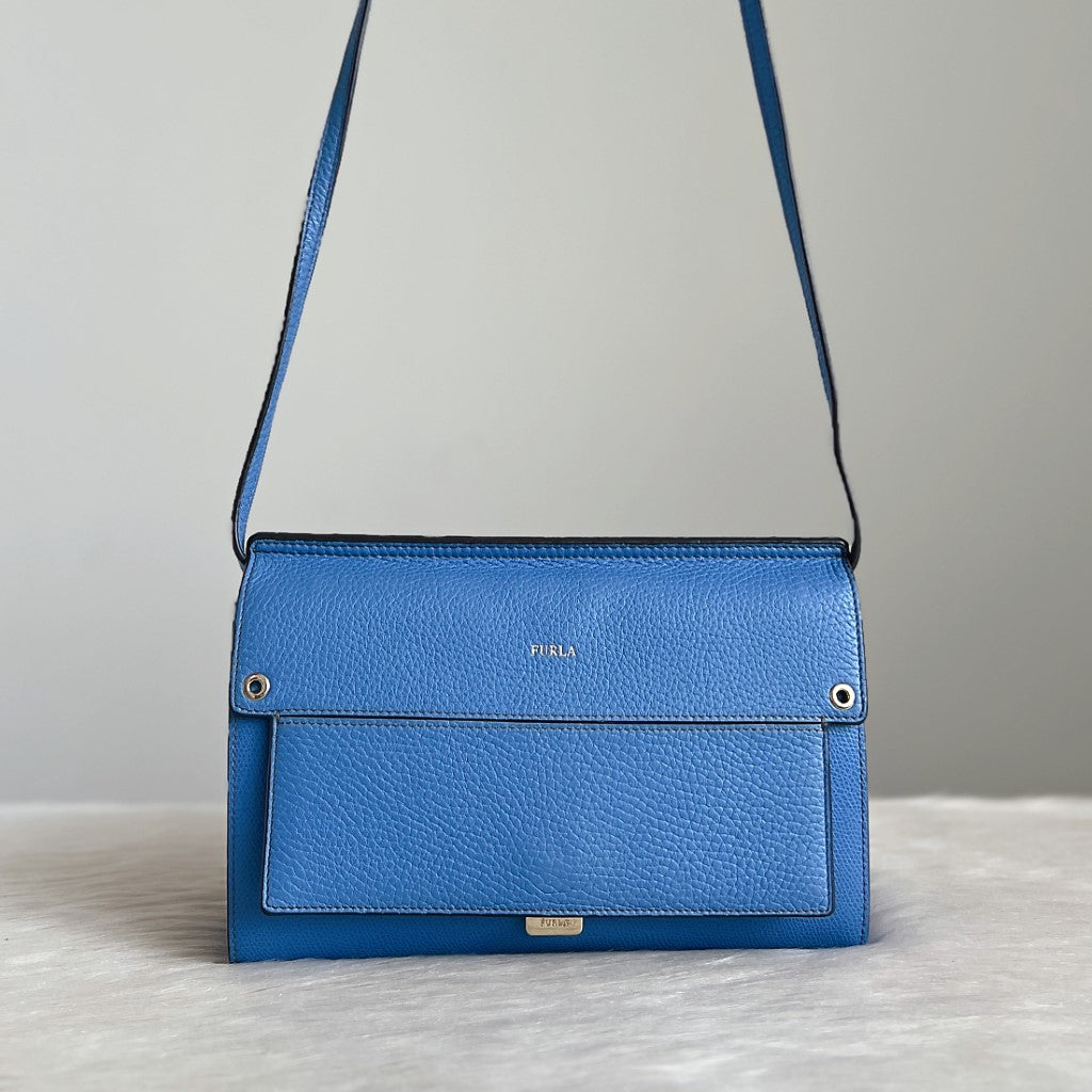 Furla Blue Leather Front Logo Triple Compartment Crossbody Shoulder Bag Like New