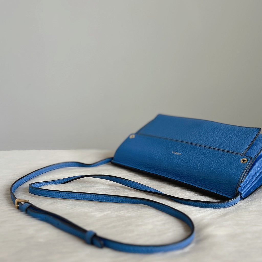 Furla Blue Leather Front Logo Triple Compartment Crossbody Shoulder Bag Like New