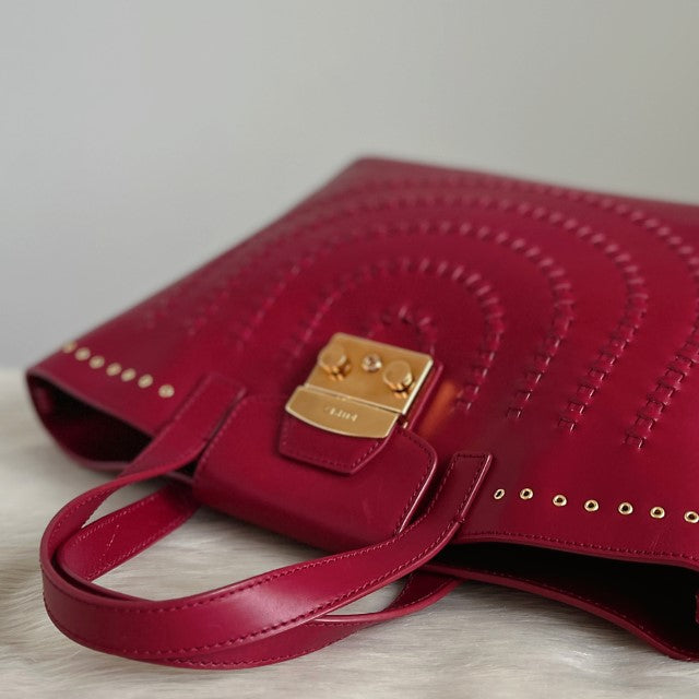 Furla Red Leather Front Buckle Woven Detail 2 Way Shoulder Bag