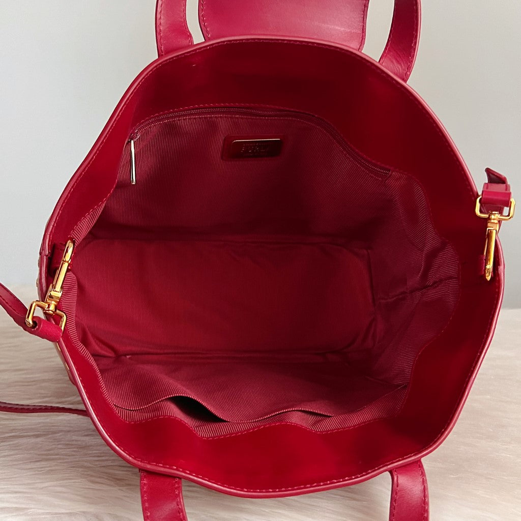 Furla Red Leather Front Buckle Woven Detail 2 Way Shoulder Bag