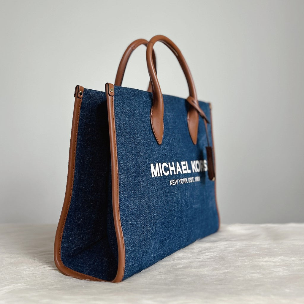 Michael Kors Caramel Leather Denim Book Tote 2 Way Shoulder Bag Excellent