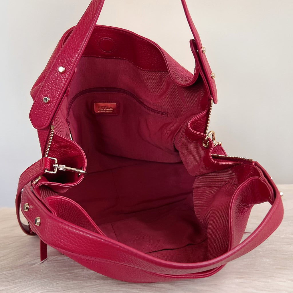 Furla Red Leather Slouchy Side Zip Detail 2 Way Shoulder Bag Like New