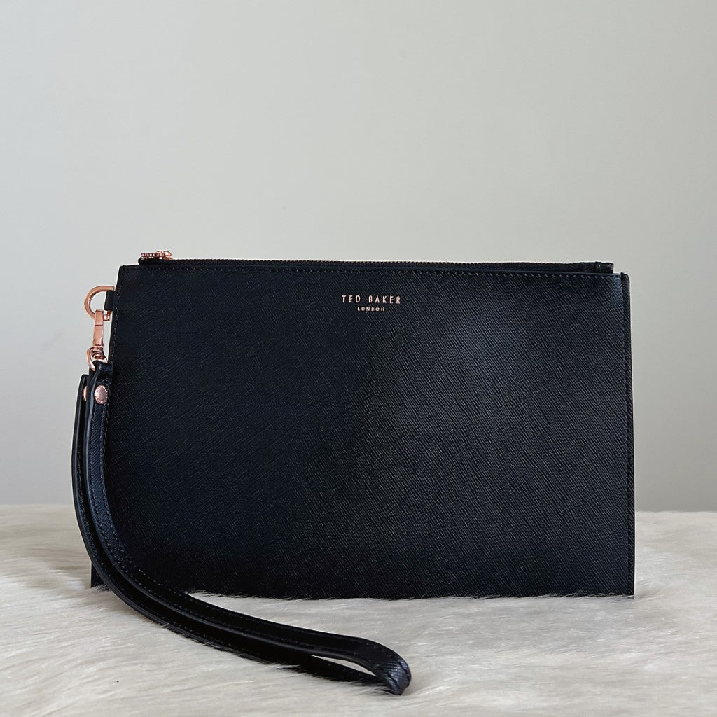 Ted Baker Black Leather Wrist Strap Clutch Bag Excellent