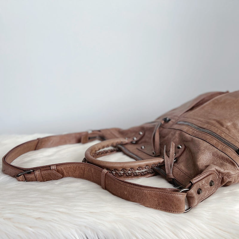 Balenciaga Mocha Leather 2 Way Large Shoulder Weekend Bag