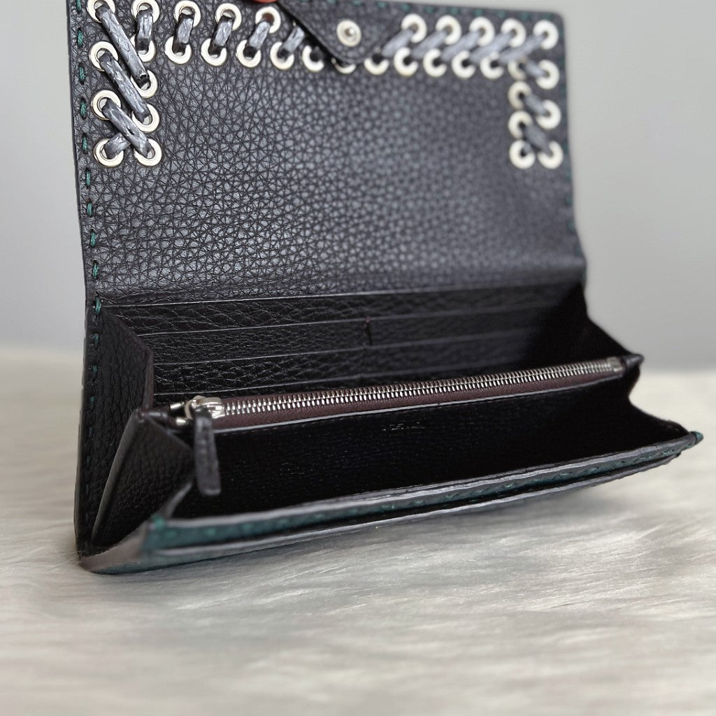 Fendi Two Tone Leather Studs Detail Long Wallet