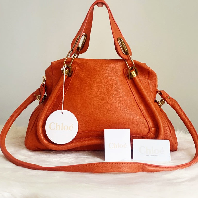 Chloe Orange Leather Paraty Large Tote Bag